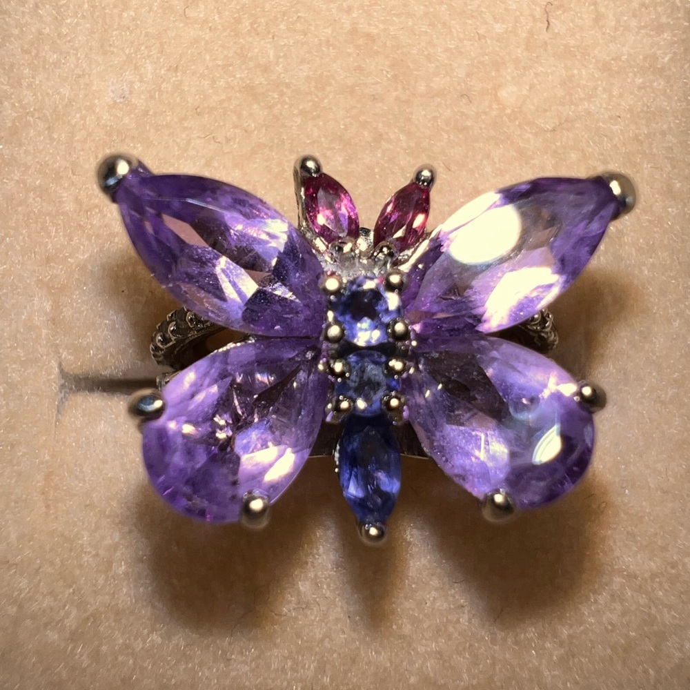 Sterling silver butterfly ring with amethyst, iolite and rhodolite stones